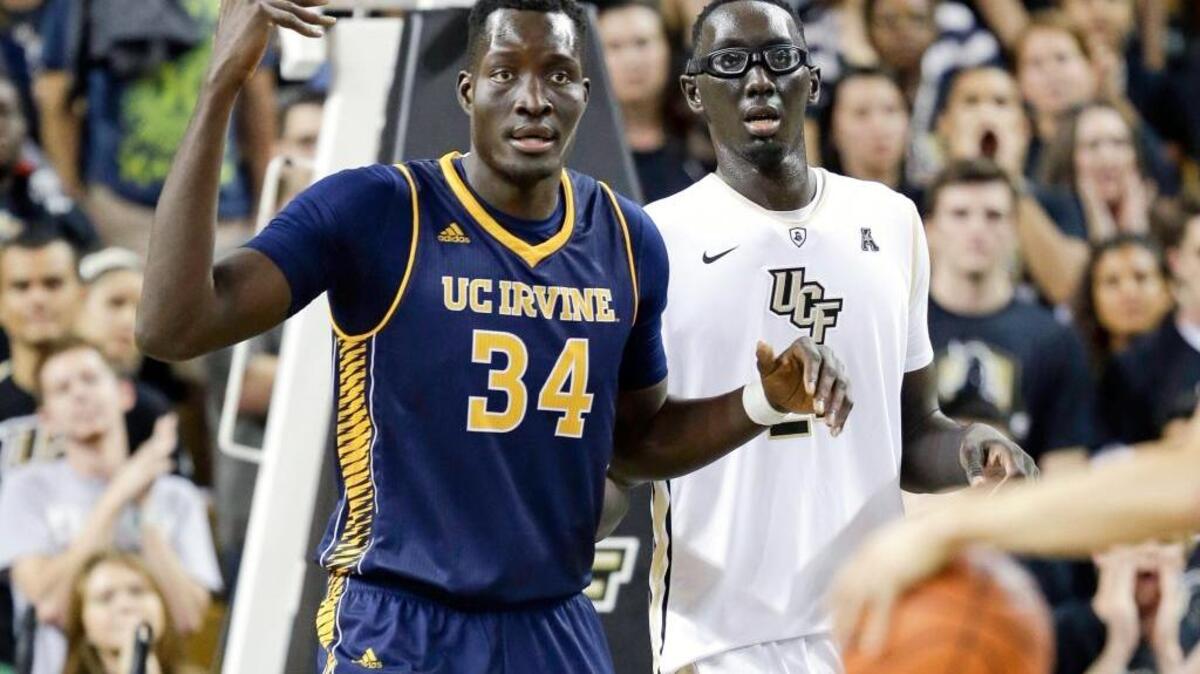 UC Irvine center Mamadou Ndiaye (34) calls for the ball as he is defended by Central Florida center Tacko Fall, right, during the second half of an NCAA college basketball game on Nov. 18, 2015, in Orlando, Fla. UC Irvine won 61-60 in overtime.