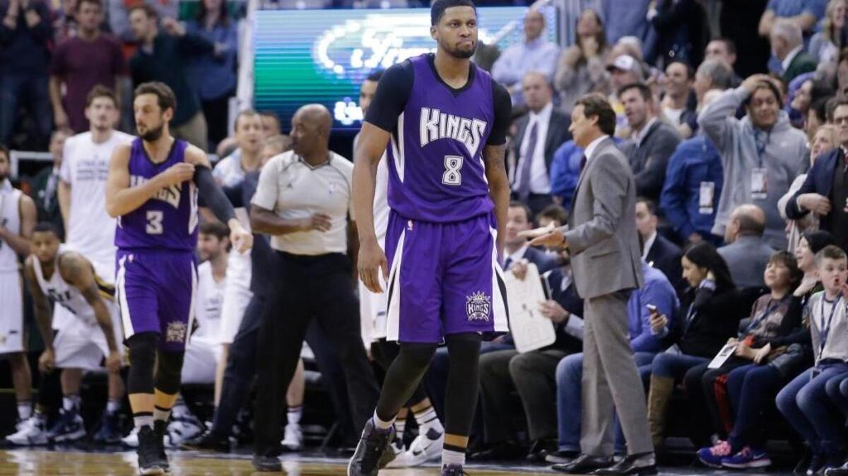 Sacramento Kings forward Rudy Gay (8) walks up court after shooting the winning basket against Utah Jazz during the finals seconds of an NBA basketball game Thursday, Jan. 14, 2016, in Salt Lake City. The Kings won 103-101. It was the Kings’ first win of a back-to-back this season.