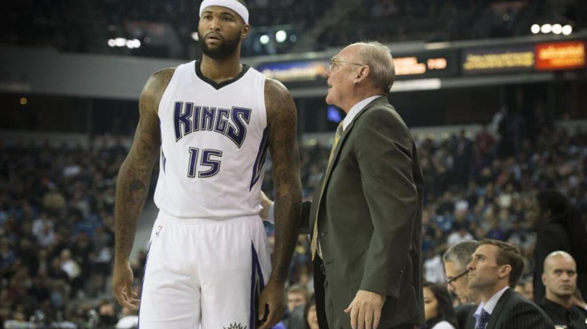 Kings forward DeMarcus Cousins coach George Karl during an NBA basketball game on Wednesday, Nov. 11, 2015 at Sleep Train Arena in Sacramento. The Kings defeated the Detroit Pistons 102-91 to end a six-game losing streak and begin a three-game winning streak. Can Cousins and Karl stay on the same page?