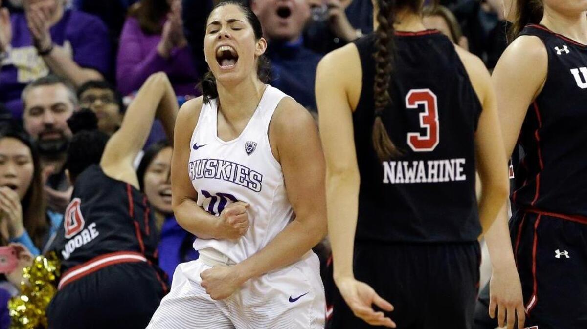 Washington’s Kelsey Plum is fired up after scoring a second-half basket on Saturday, Feb. 25, 2017, in Seattle. Plum surpassed Jackie Stiles to become the NCAA's all-time scoring leader with a career-best 57 points.