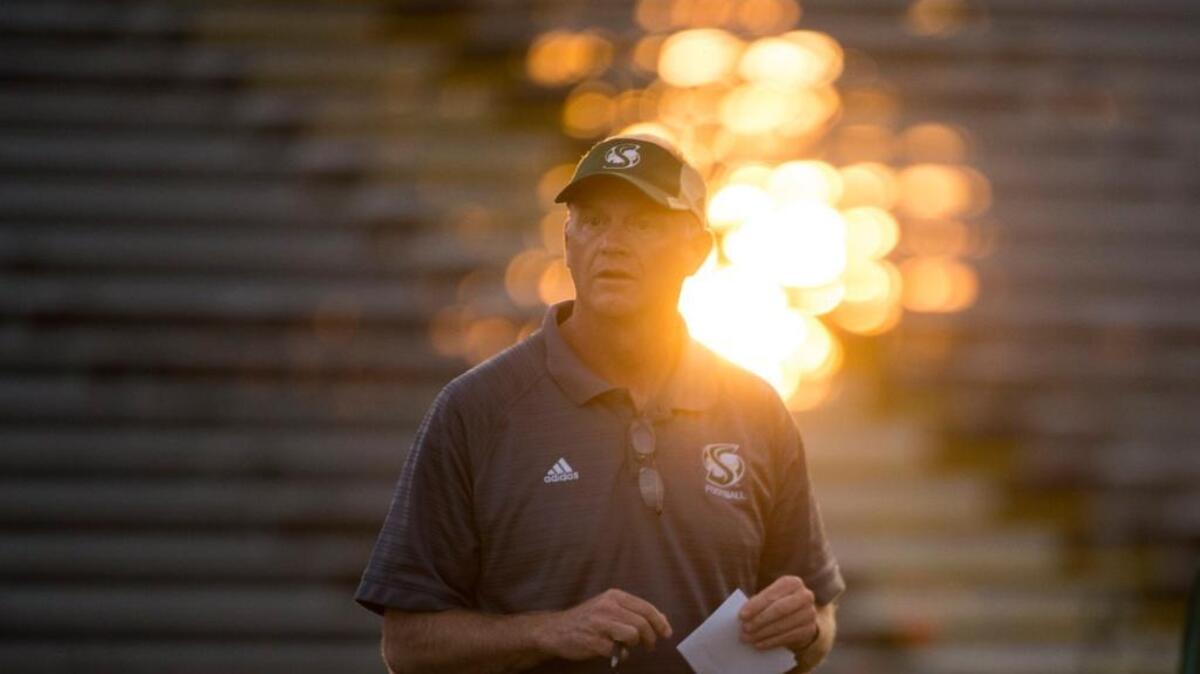 Sacramento State head football coach Jody Sears holds practice on August 29, 2016, at Hornet Field in Sacramento, Calif.