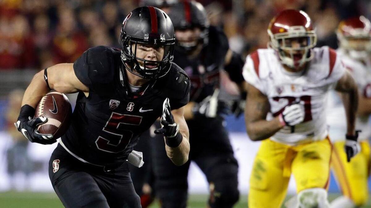 Stanford’s Christian McCaffrey (5) heads for the end zone and a touchdown on a 28-yard pass reception during the second half against USC.
