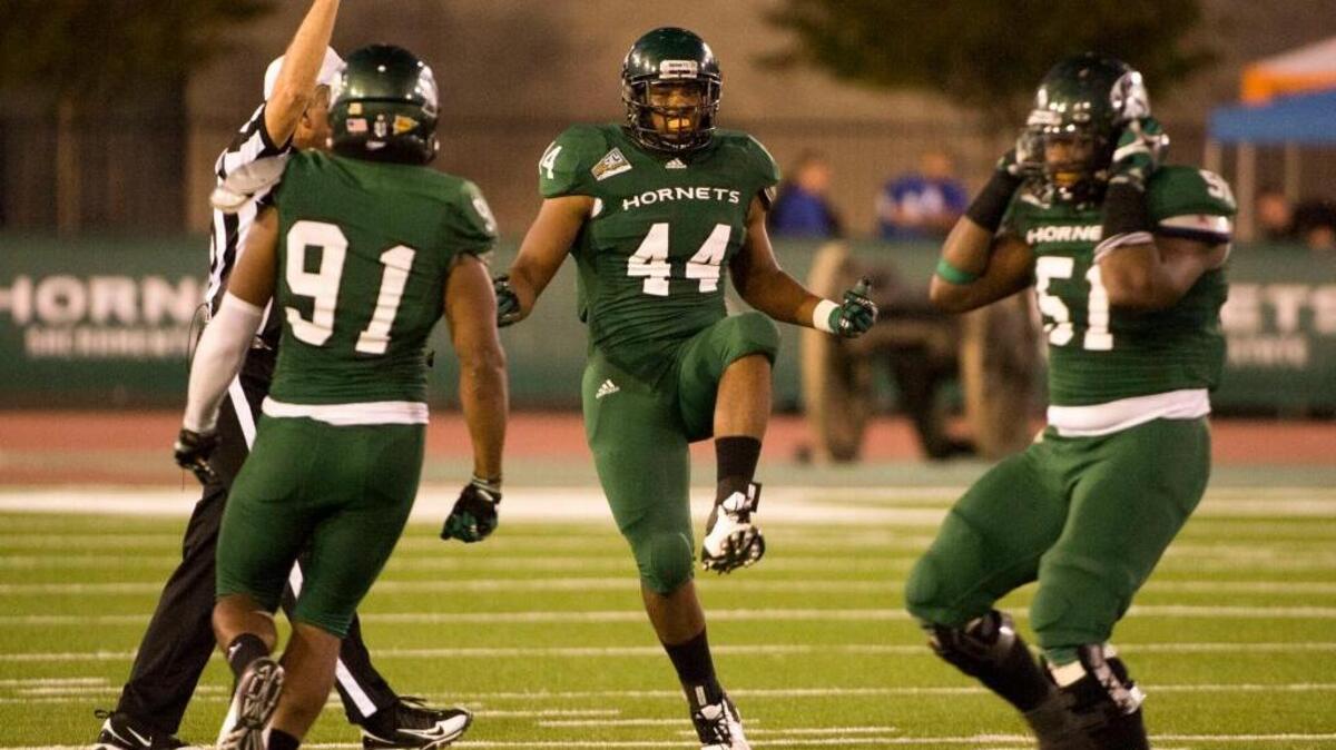 Sacramento State’s Darnell Sankey (44), and teammate Larson Hanson will play in the NFLPA Collegiate Bowl on Saturday at the Stub Hub Center. ... Sankey celebrates his quarterback during an NCAA college football game on Saturday, Nov. 3, 2012 at Hornet Stadium in Sacramento.