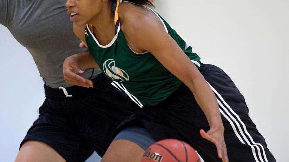 Adella Randle-El dribbles during a practice of the Sac State women’s basketball team last month.