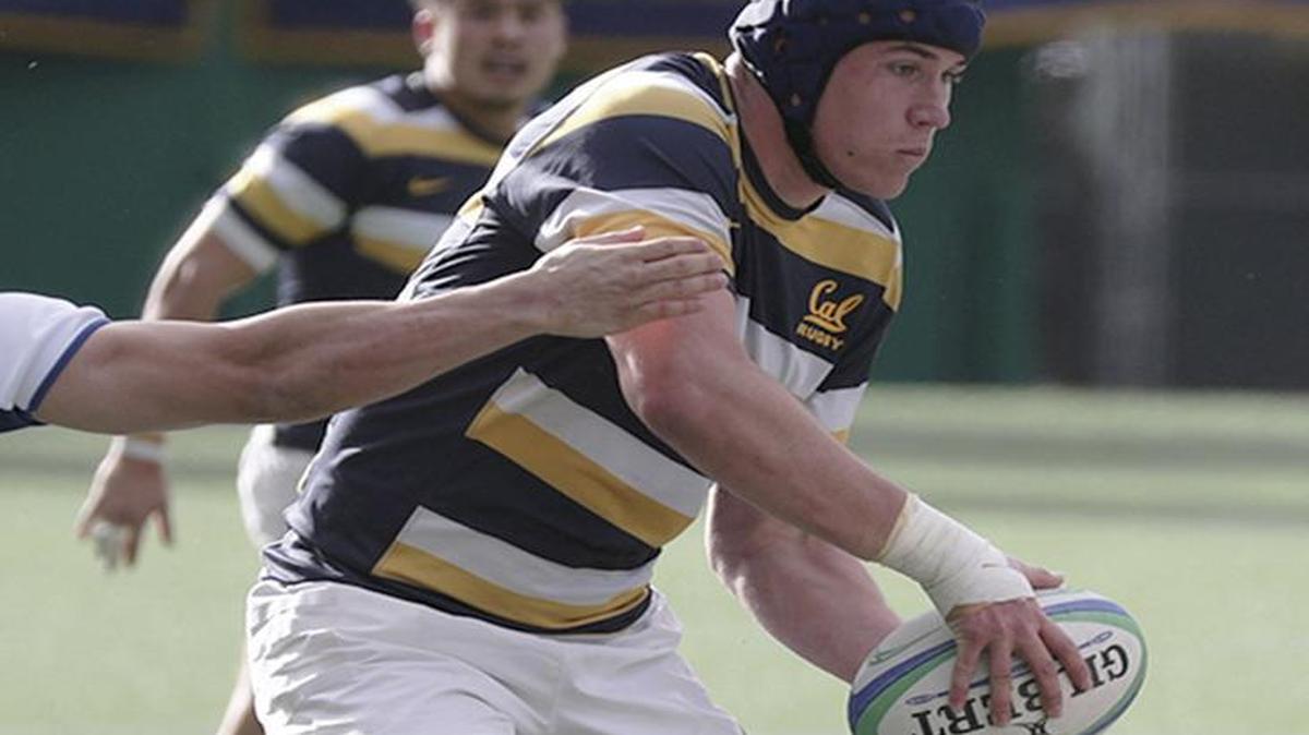 In this photo taken Feb. 18, 2017, University of California, Berkeley rugby player Robert Paylor plays in a game against the University of British Columbia in Berkeley.