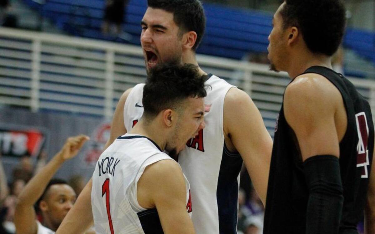 Arizona guard Gabe York, left, and center Dusan Ristic react during overtime of an NCAA college basketball game in the quarterfinals of the Wooden Legacy tournament in Fullerton, Thursday, Nov. 26, 2015. Arizona won 75-73 in overtime.