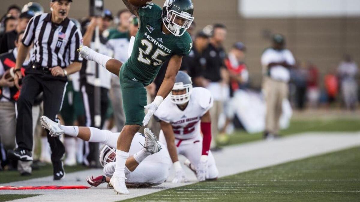 Sacramento State Hornets running back Jordan Robinson (25) is tackled out of bounds during the second quarter of a game against Western Oregon on Saturday, Sept. 3, 2016, at Hornet Stadium in Sacramento, Calif.
