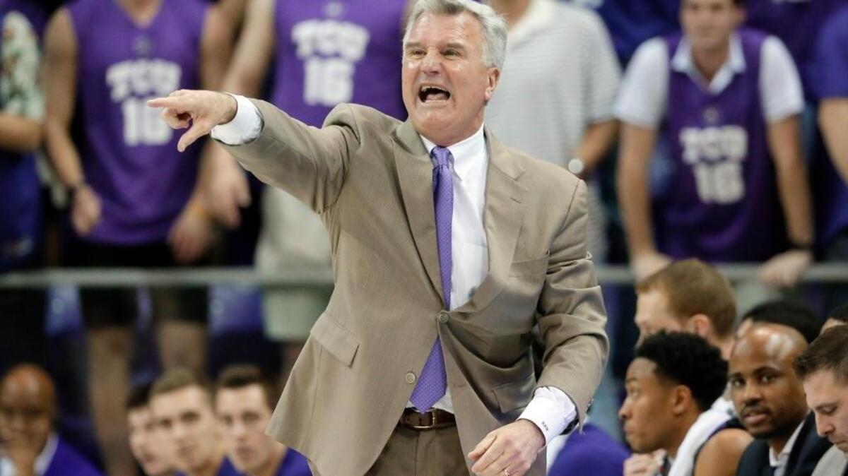 Kansas State head coach Bruce Weber instructs his team during a game against TCU on March 1 in Fort Worth, Texas. Weber and the 11th-seeded Wildcats will play No. 6-seed Cincinnati on Friday at Golden 1 Center.