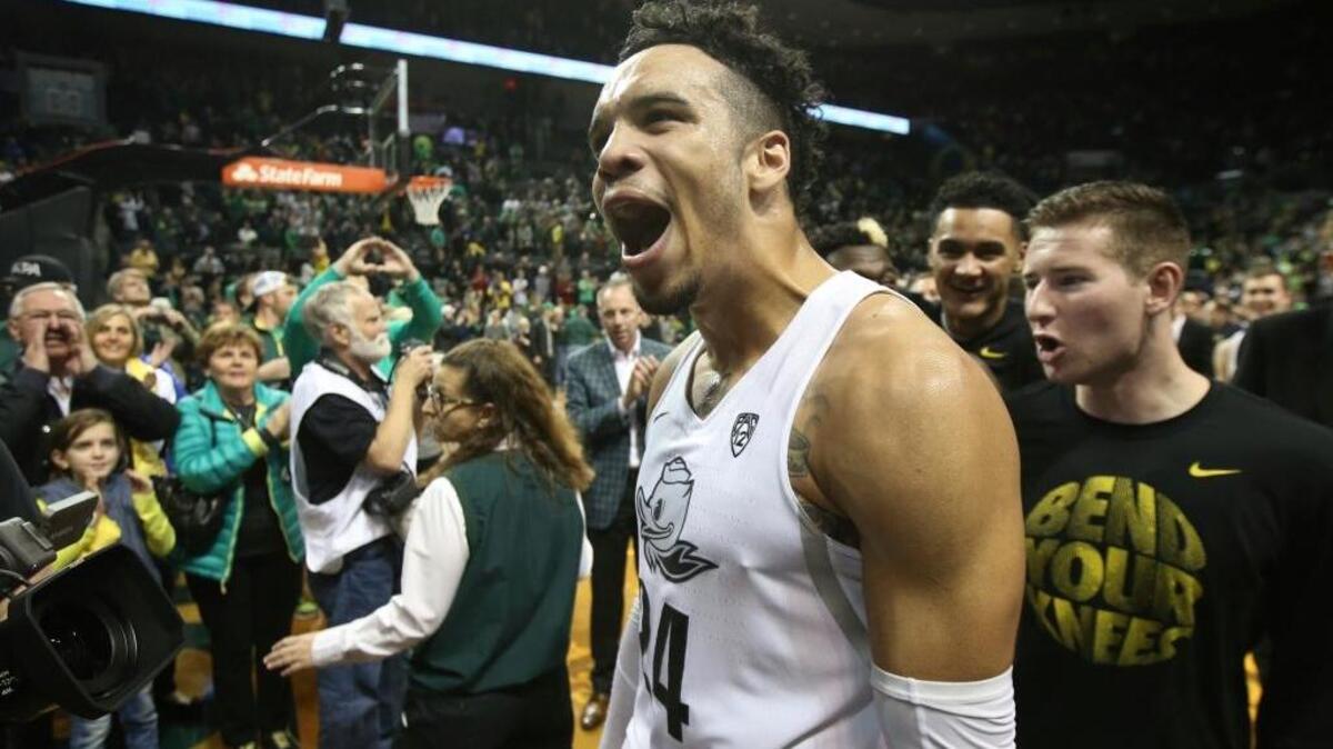 Oregon’s Dillon Brooks lets out a yell after the Ducks defeated the UCLA Bruins 89-87 on Dec. 28, 2016, in Eugene, Ore.