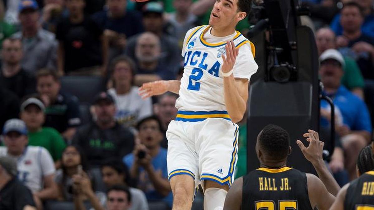 UCLA’s Lonzo Ball watches his dunk fall through the net in the first half of a first-round game in the NCAA Tournament against Kent State at the Golden 1 Center on Friday.
