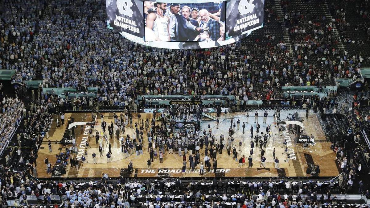 North Carolina players celebrate after the 2017 NCAA Tournament championship game victory over Gonzaga on Monday in Glendale, Ariz. North Carolina won 71-65.