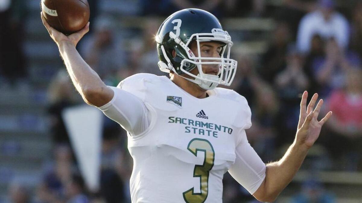Sacramento State's Kolney Cassel (3) passes the ball against Weber State in an NCAA college football game Saturday, Sept. 17, 2016, in Ogden, Utah.