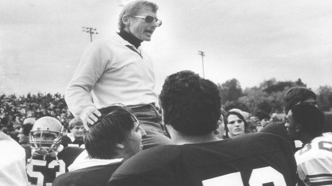 Hall of Fame coach Jim Sochor, seen here getting carried off the field after his UC Davis Aggies beat Sacramento State in the 1984 Causeway Classic, died Monday after a long illness. He was 77.
