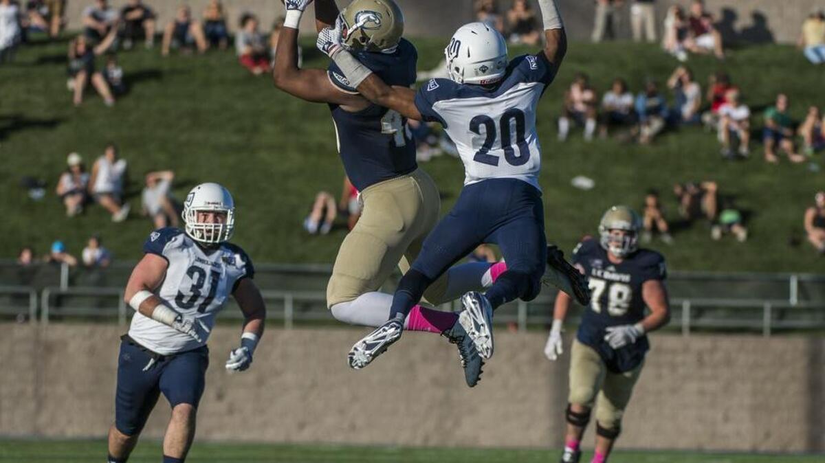 
UC Davis Aggies tight end Atlas Smith (45) receives the ball during the first half at a game between the UC Davis Aggies and the Northern Arizona Lumberjacks on Saturday, Oct. 10, 2015, at Aggie Stadium in Davis, Calif.
