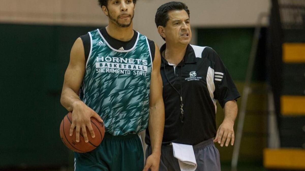 Despite its loss to Stanford, Sacramento State coach Brian Katz, right, feel his program came out a winner with its trip to the Bay Area. ... Katz and Sacramento State guard Cody Demps look on during a preseason practice Thursday, Oct. 29, 2015, in Sacramento.