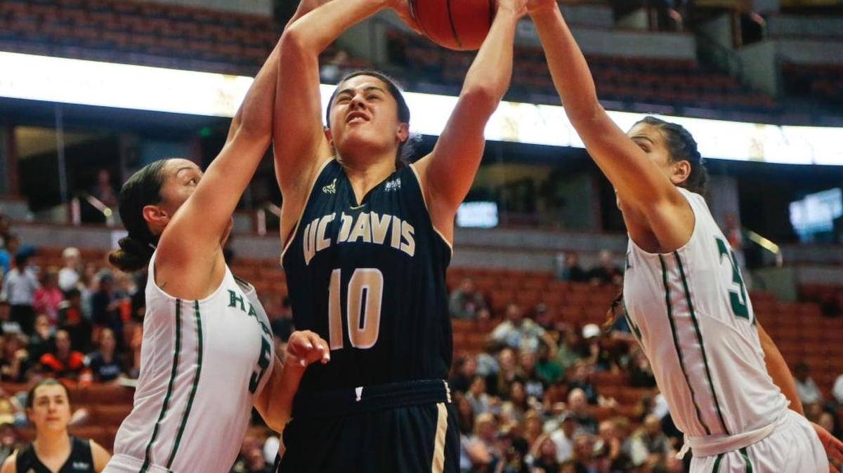UC Davis forward Pele Gianotti battles to get off a shot against Hawaii defenders Sarah Toeaina, left, and Kalei Adolpho on Saturday.