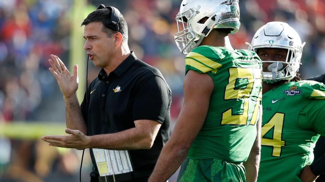 Oregon coach Mario Cristobal – seen at the Las Vegas Bowl on Dec. 16, 2017 – will welcome three Sacramento-area recruits to the Ducks.
