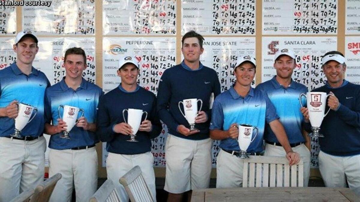 The Goodwin-winning UC Davis men’s golf team, from left, Luke Vivolo, Patrick Soli, Brandon Baumgarten, Ben Corfee, Ryan Knop, Evan Knight (who played as an individual) and coach Cy Williams.