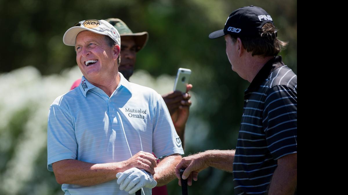 
Fred Funk laughs before he tees off on the fourteenth tee during the practice rounds of the U.S. Senior Open at the Del Paso Country Club Tuesday on June 23, 2015 in Sacramento, Calif. 

