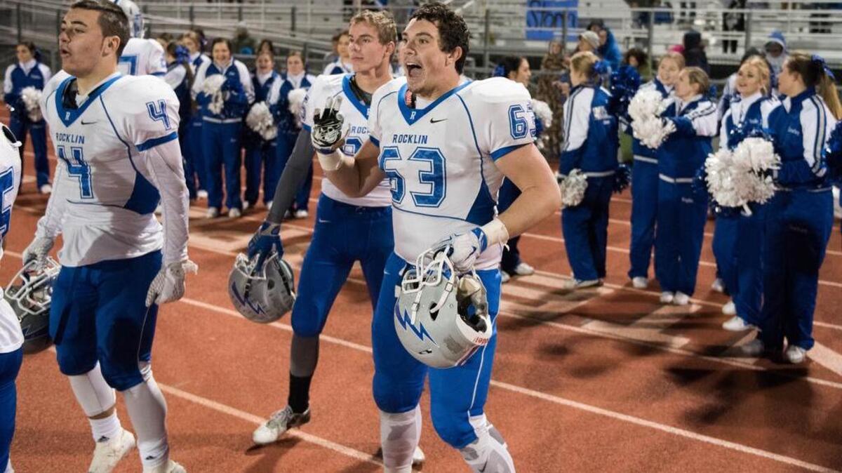 Rocklin Thunder players cheer their teams victory, as the Antelope Titans host the Rocklin Thunder for a Division II playoff on Friday, November 27, 2015.