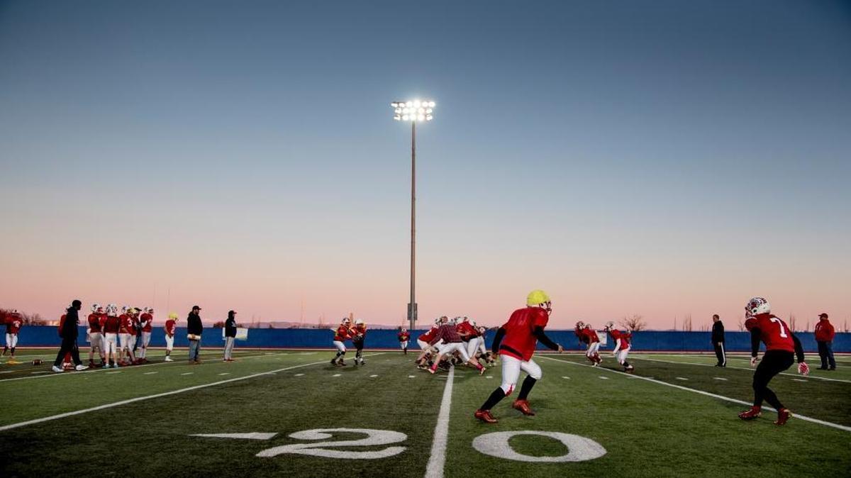 The East Nicolaus High School Spartans football team prepares for its upcoming CIF State Division VI-AA championship game at Yuba College football stadium in Yuba City, Calif., on Tuesday, Dec. 15, 2015.