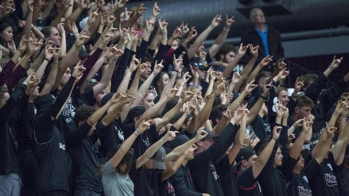 Woodcreek Timberwolves fans cheer on their team during the CIF Northern California Open Division championship game between Woodcreek and Sheldon at Santa Clara University Leavey Event Center inSanta Clara, Calif., on Saturday, March 18, 2017.