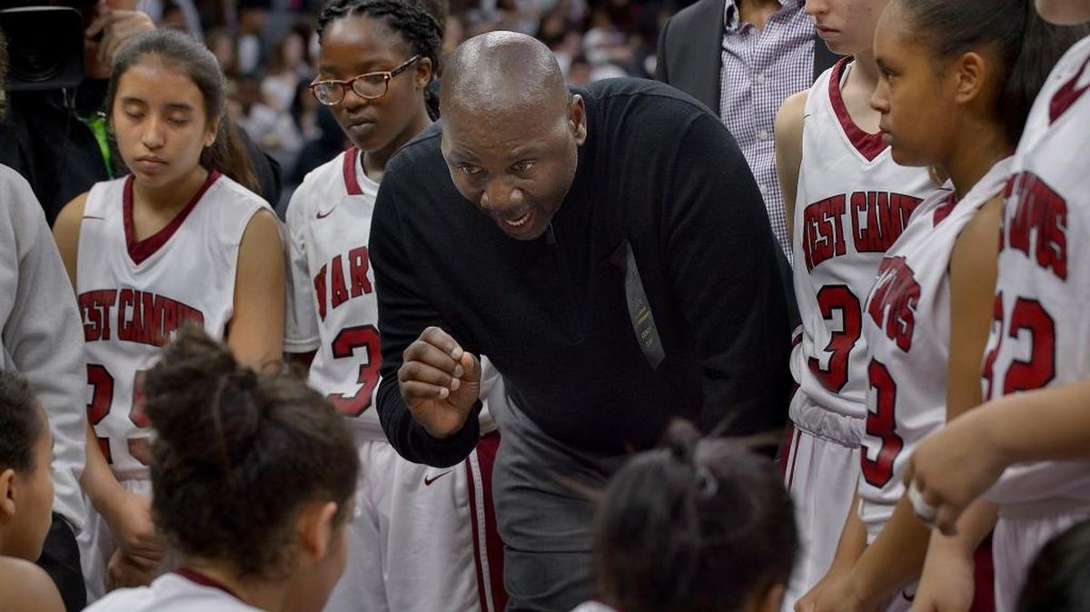 West Campus High School coach John Langston talks during a timeout in the CIF State Division IV championship game on March 25 at Golden 1 Center. The Warriors beat Los Osos 63-55 for the title.