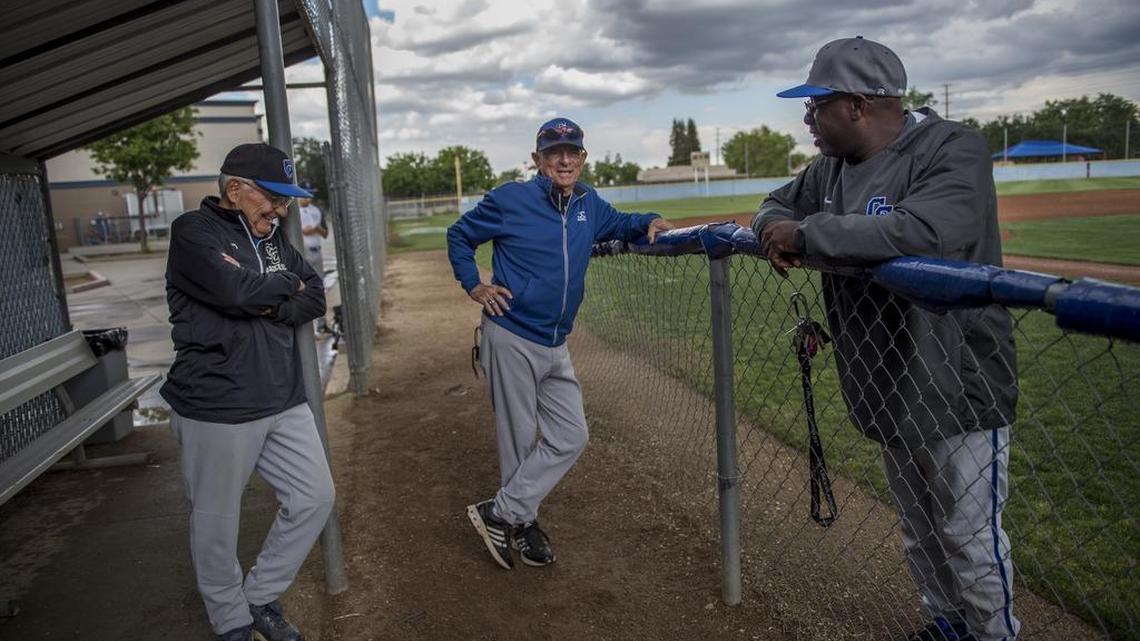 Capital Christian’s Nelson Randolph, right, is tickled to have Guy Anderson, center, and Ralph Rago on his staff. “They’ve been through all the baseball wars,” Randolph says.