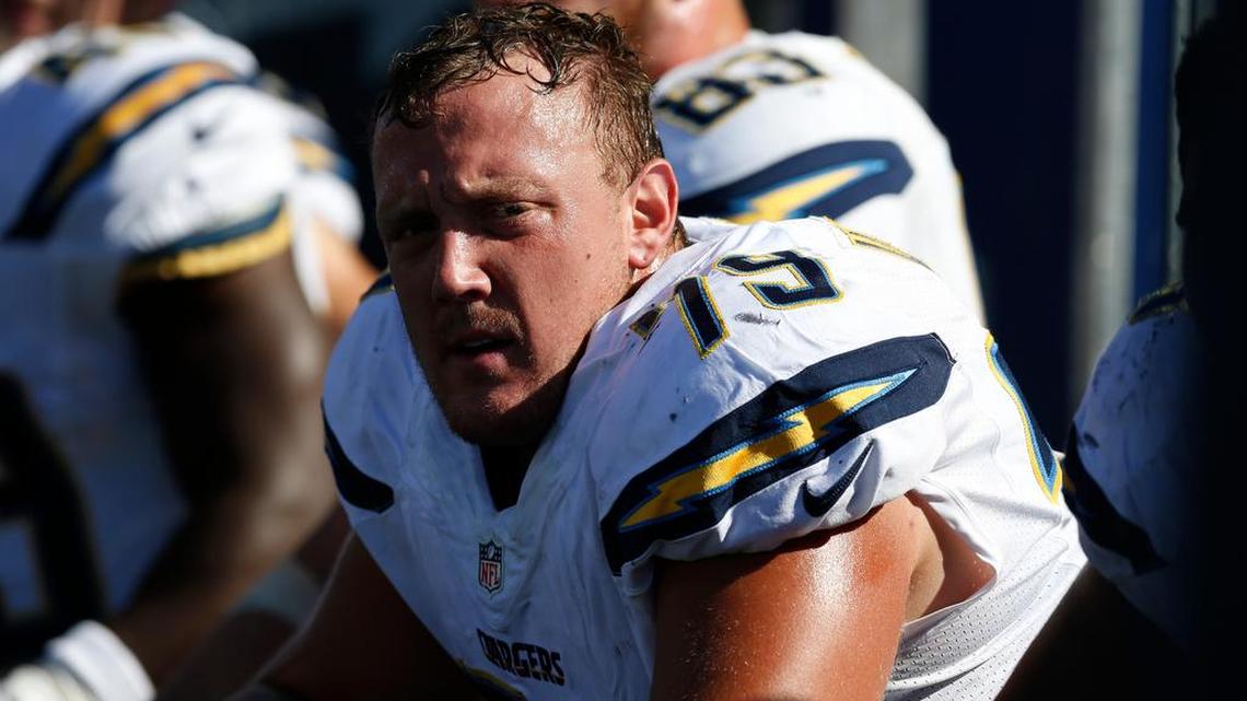 San Diego Chargers offensive tackle Kenny Wiggins (79) on the bench in the second half against the Minnesota Vikings in Minneapolis on Sept. 27.