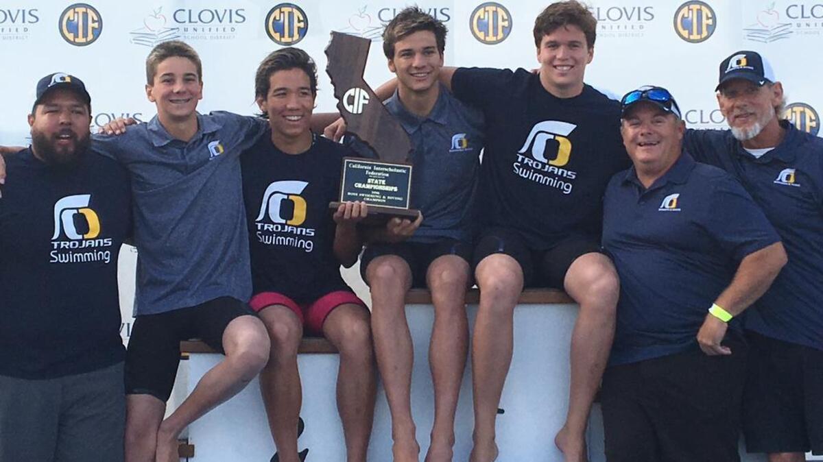 Oak Ridge High boys’ swim team, from left assistant coach AJ Abrego, Colby Mefford (freshman), Leon Kassianenko (junior), Bryce Dillard (junior), Ethan Dillard (senior), head coach Tim McCormick, assistant coach Doug Smith.