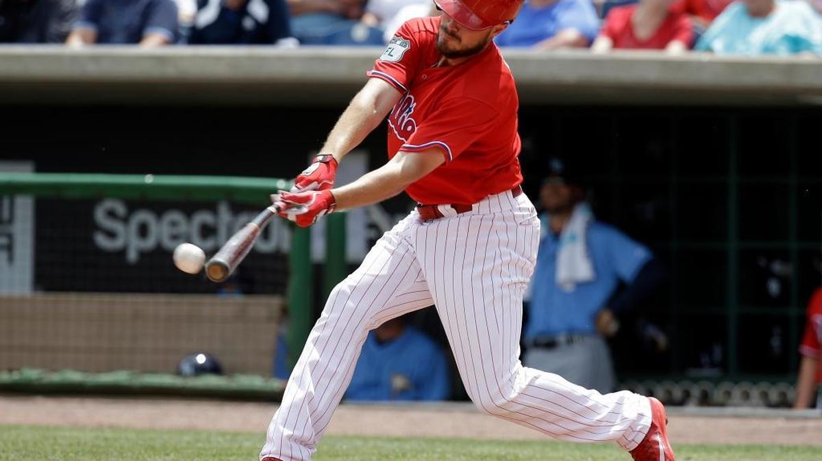 Philadelphia Phillies first baseman Brock Stassi hits against the Tampa Bay Rays in a spring training game Friday in Clearwater, Fla. Stassi is a Yuba City High School graduate who made the Phillies’ Opening Day roster.