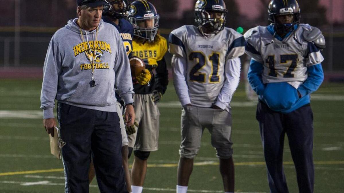Inderkum head coach Terry Stark watches a play during practice at Inderkum High School on Tuesday, Nov. 18, 2015, in Sacramento.