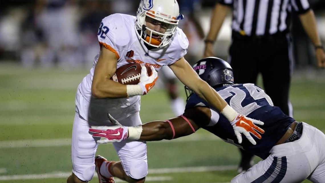 
Boise State’s Thomas Sperbeck, a former Jesuit High School standout quarterback, is catching on as a wide receiver for the Broncos. He had six catches for 156 yards in his team’s 52-26 loss to Utah State in an NCAA college football game Friday, Oct. 16, 2015, in Logan, Utah. 
