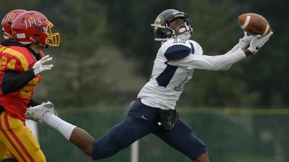 Isaah Crocker’s ability to get open, and his speed, has Alabama’s attention. He caught three touchdowns, this one for 50 yards, in a playoff game against Jesuit last season.