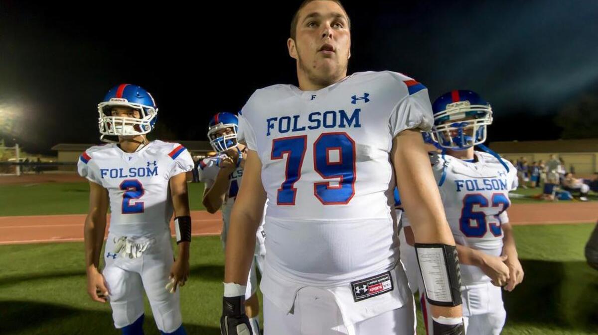 Folsom Bulldogs Kooper Richardson (79), waits to take the field before the game as the Oak Ridge Trojans host the Folsom Bulldogs, Friday October 30, 2015.