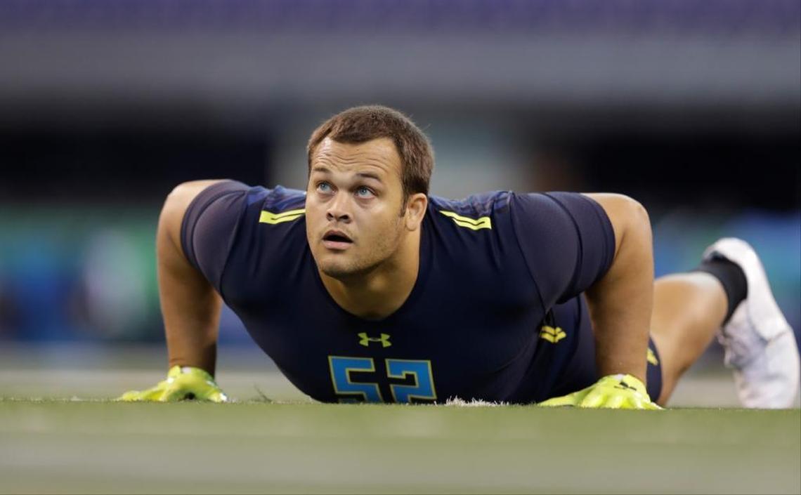 UCLA defensive lineman Eddie Vanderdoes runs a drill at the NFL scouting combine on March 5 in Indianapolis. The Placer High graduate is expected to be drafted in the early rounds.