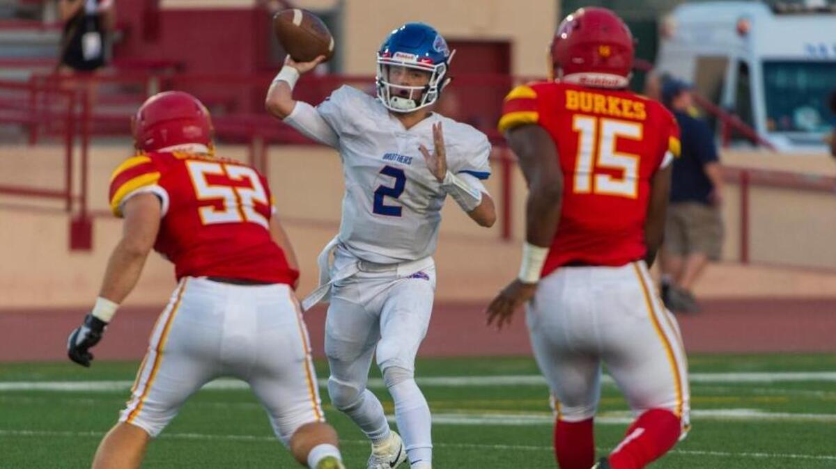 Christian Brothers quarterback Gunnor Faulk (2) leads the Sac-Joaquin Section with 38 touchdown passes. The third-seeded Falcons open the Division III playoffs Friday at home against No. 14 Benicia.
