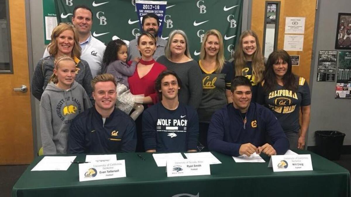 Granite Bay High School football players, from left, Evan Tattersall, Ryan Smith and Will Craig signed national letters of intent on Wednesday morning during college football’s new early signing period.