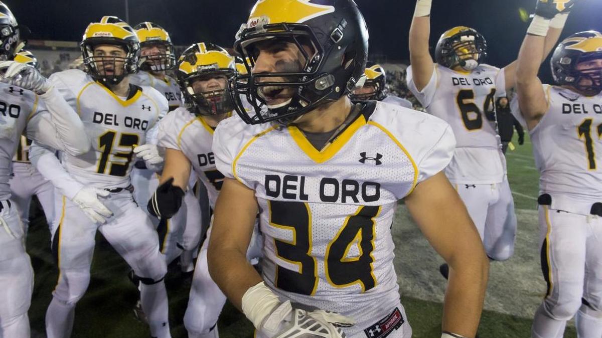 Del Oro’s Christian Guerrero (34) celebrates the Golden Eagles’ 30-20 victory over the Rocklin High School Thunder in a Division II Sac-Joaquin Section championship football game at Sacramento State on Dec. 4, 2015.