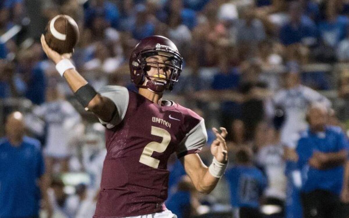 
Whitney quarterback, Hunter Rodrigues, throws a pass against rival Rocklin during the annual Quarry Bowl on September 11, 2015 between Whitney Wildcats and Rocklin Thunder.
