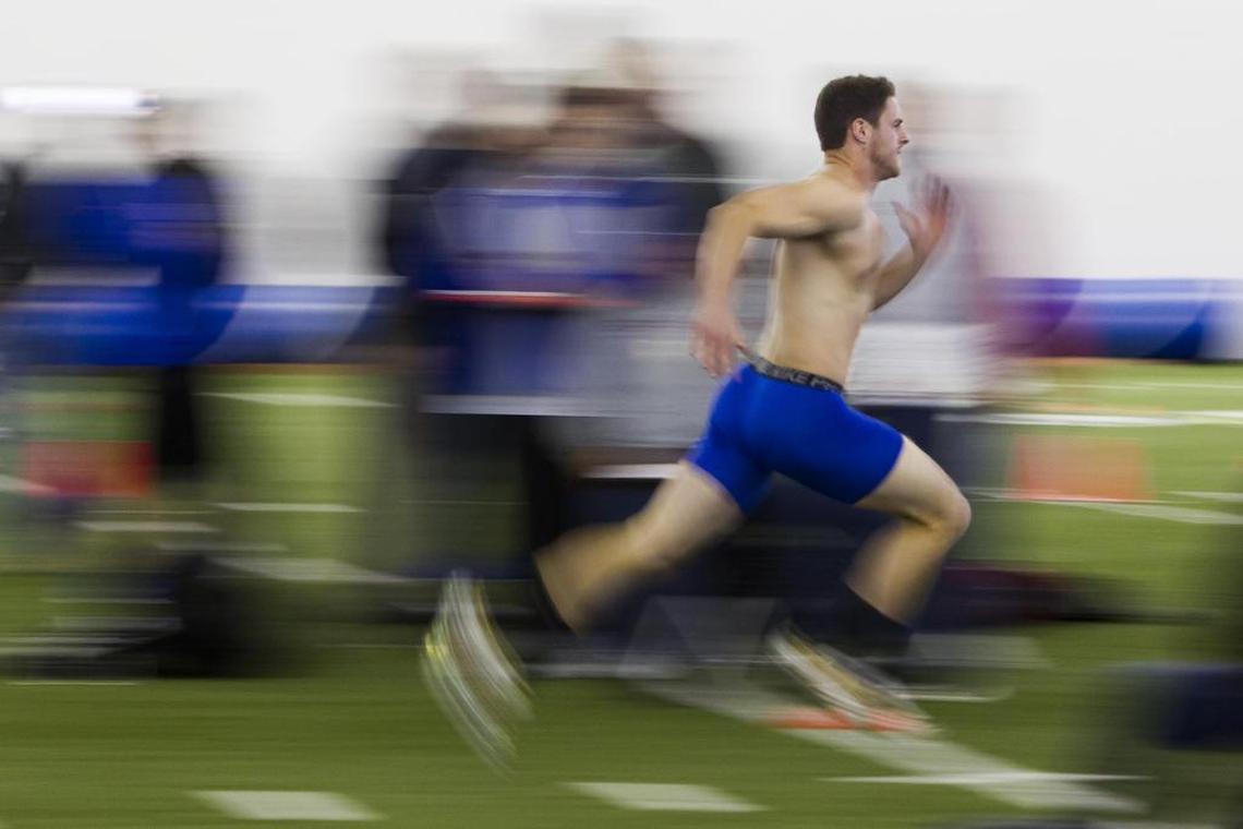 Former Boise State wide receiver Thomas Sperbeck is timed in the 40-yard sprint during BSU Pro Day Thursday, March 30, 2017.