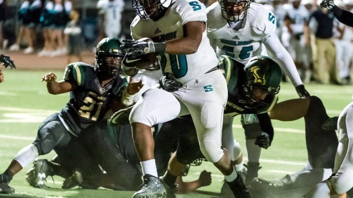 Sheldon High School’s Graylon Lindsey breaks into the end zone on a 1-yard scoring run in the fourth quarter of Friday night’s 27-22 win over Monterey Trail.