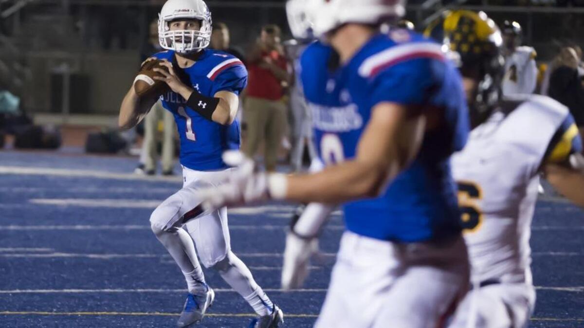 Top-ranked Folsom, led by quarterback Joe Curry (1), looking to pass last week against Oak Ridge, is one of the Sacramento-area teams in action in the first round of Sac-Joaquin Section playoffs on Thursday, Nov. 10, 2016.