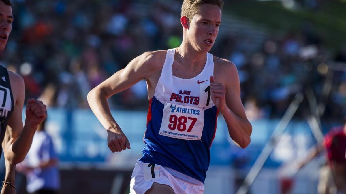 Cooper Teare, a distance runner for St. Joseph High School of Alameda, runs the mile run at the Sacramento Meet of Champions at American River College, Saturday, April 29, 2017. Teare came up short in his attempt to break the 4-minute mile time.
