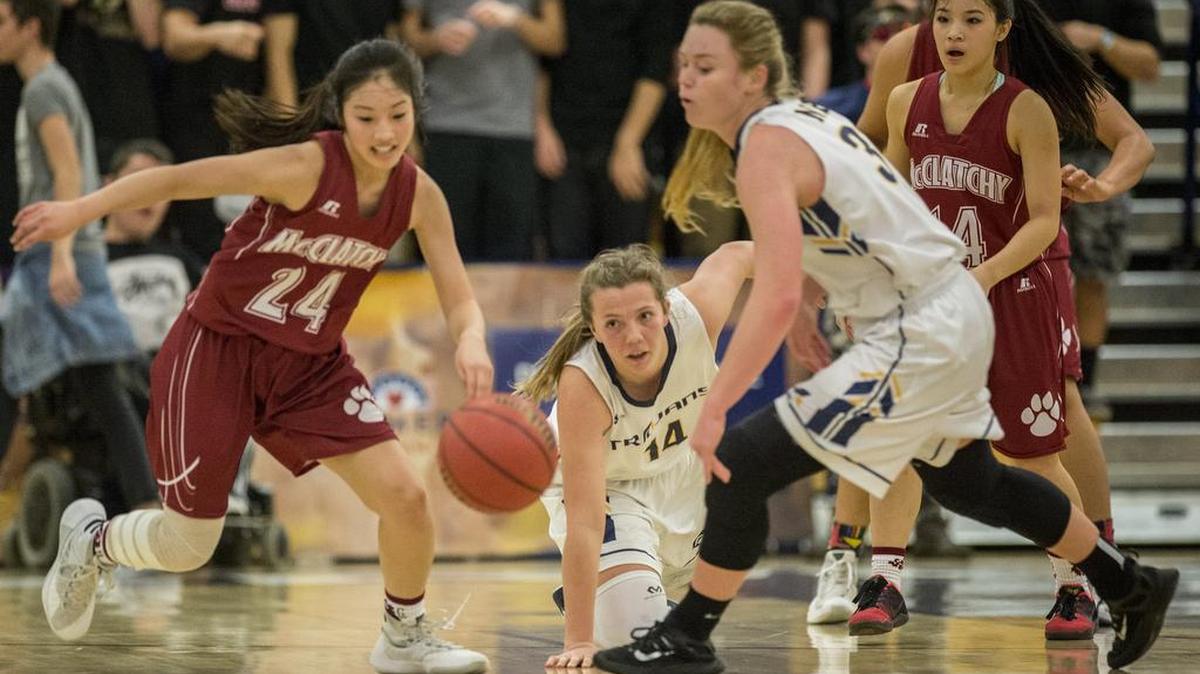 Oak Ridge and McClatchy players scramble for a loose ball in the second quarter in the girls Sac-Joaquin Section Division I playoff game, in El Dorado Hills, Calif. After going 29-3 last season, Oak Ridge earns The Bee’s preseason No. 1 ranking.