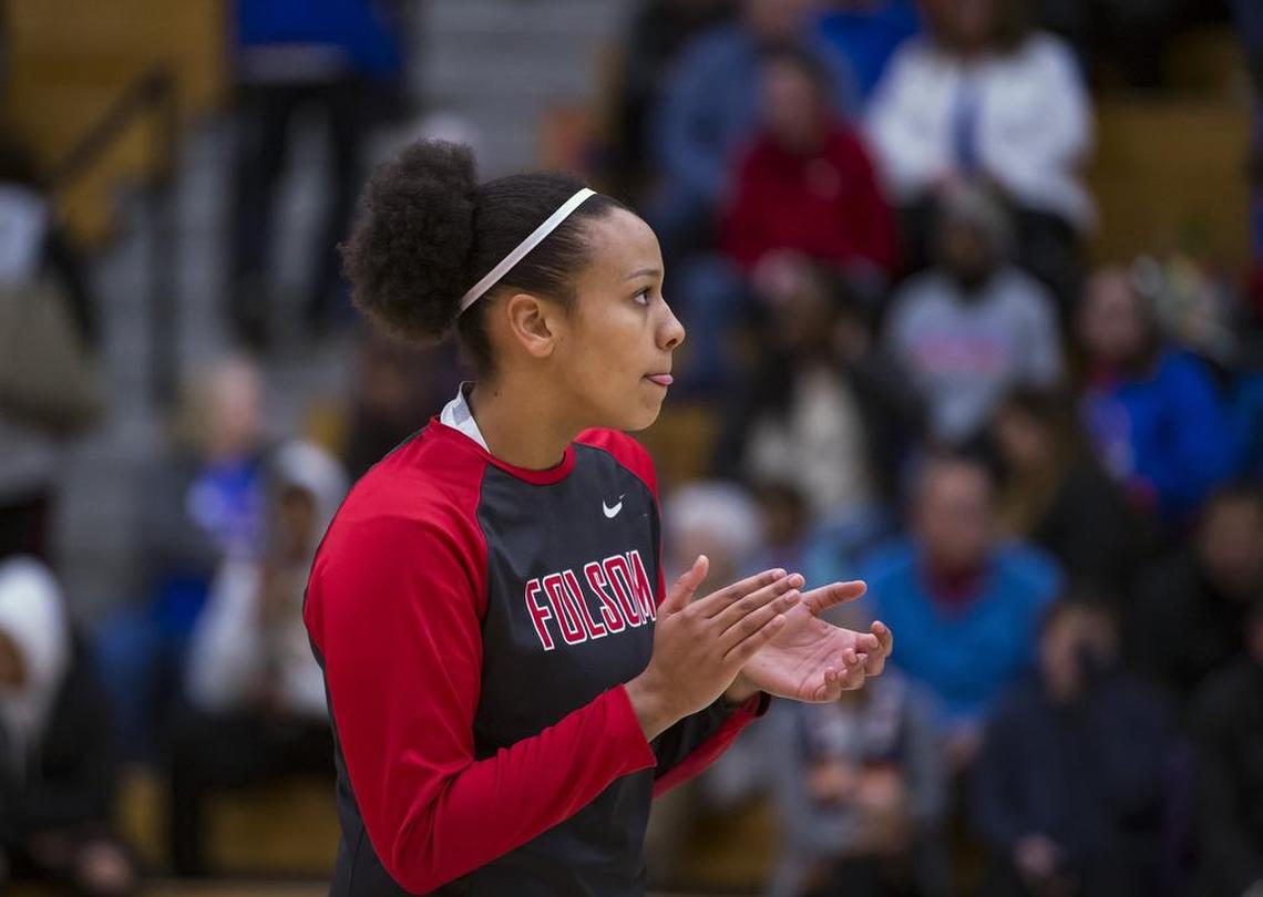 Folsom Bulldogs McKenzie Forbes (0) cheers for her team before the game.