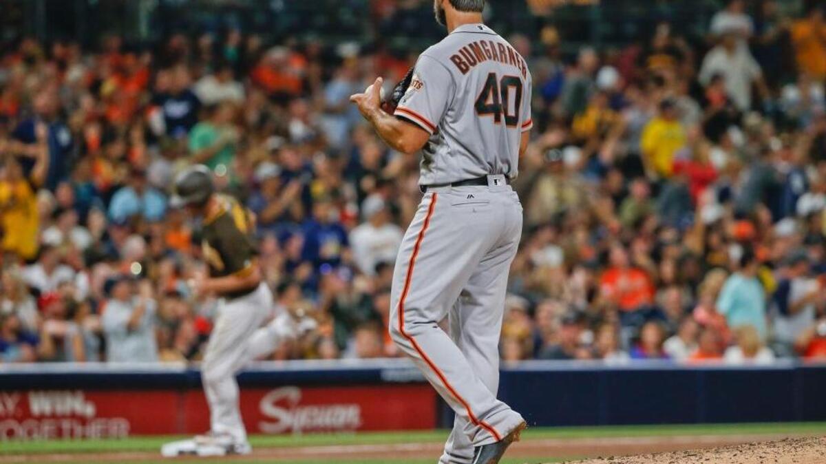Madison Bumgarner and fellow starters Johnny Cueto and Jeff Samardzija went 0-2 with a 6.75 ERA in the series against the Padres. ... Bumgarner watches the Padres’ Wil Myers round the bases with a solo home run during the fifth inning of a baseball game Friday, July 15, 2016, in San Diego.