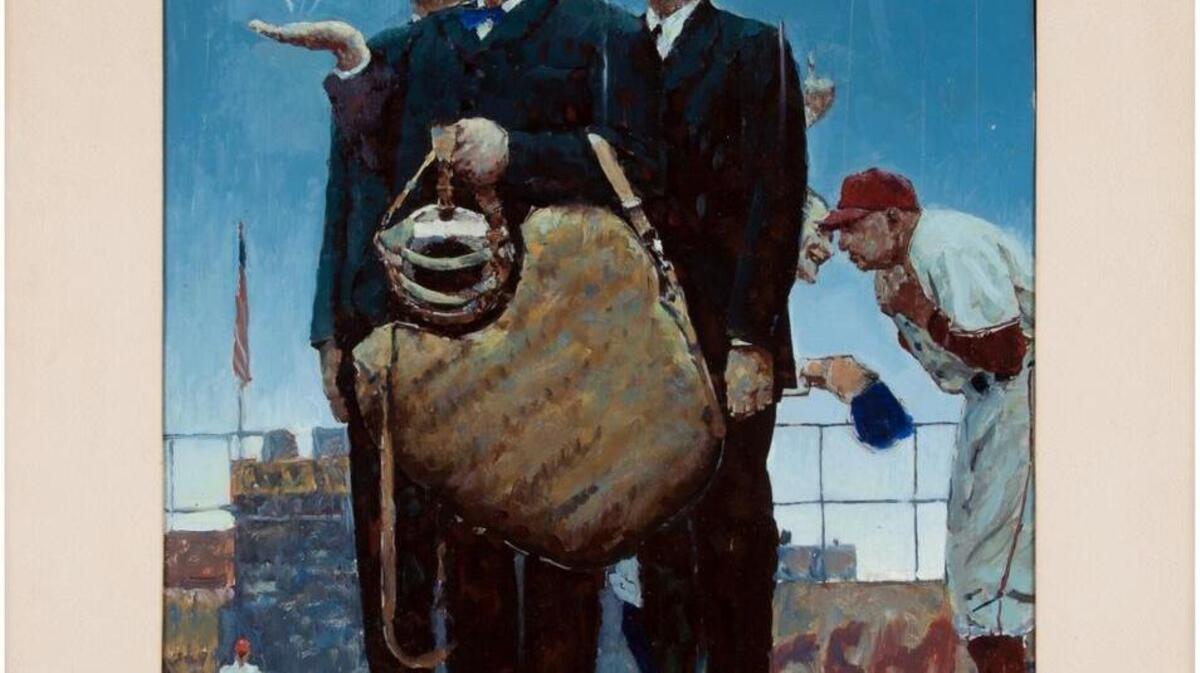 This undated photo shows a rendering by Norman Rockwell of one of his best known paintings, “Tough Call.” The rendering sold for $1.6 million through an auction Sunday.