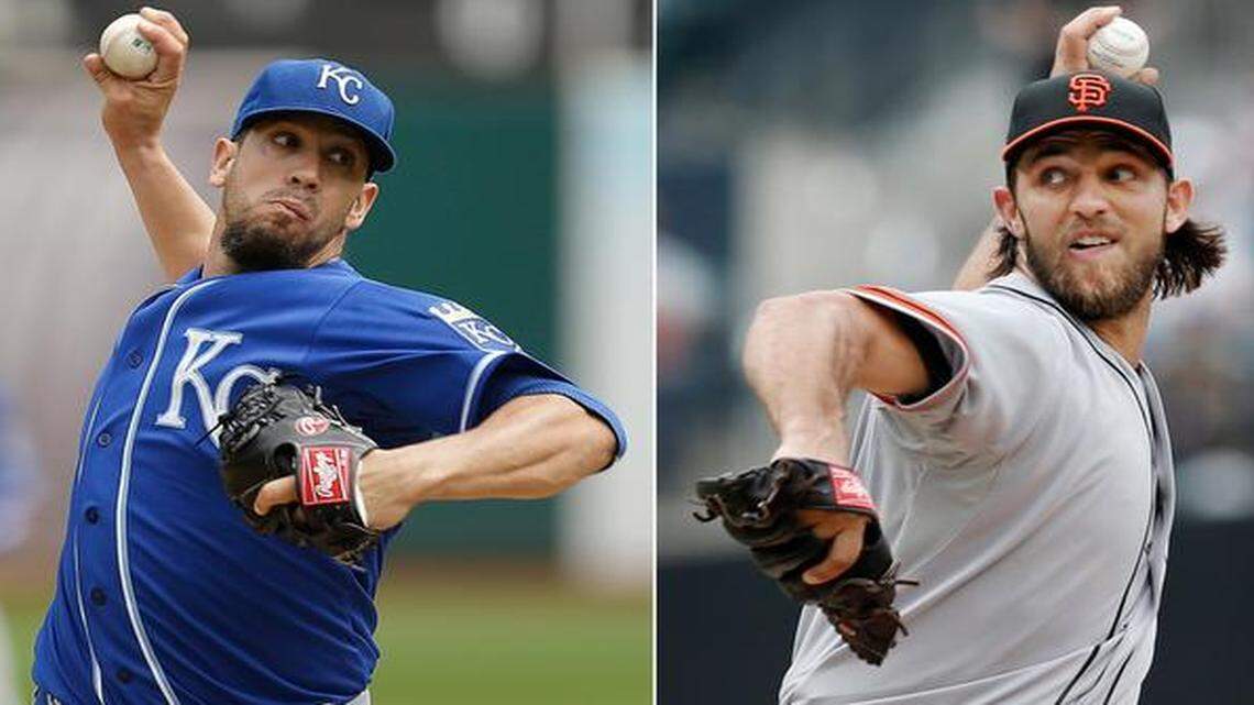 
Kansas City Royals right-hander James Shields, left, faces Giants left-hander Madison Bumgarner in Game 1 of the 2014 World Series.
