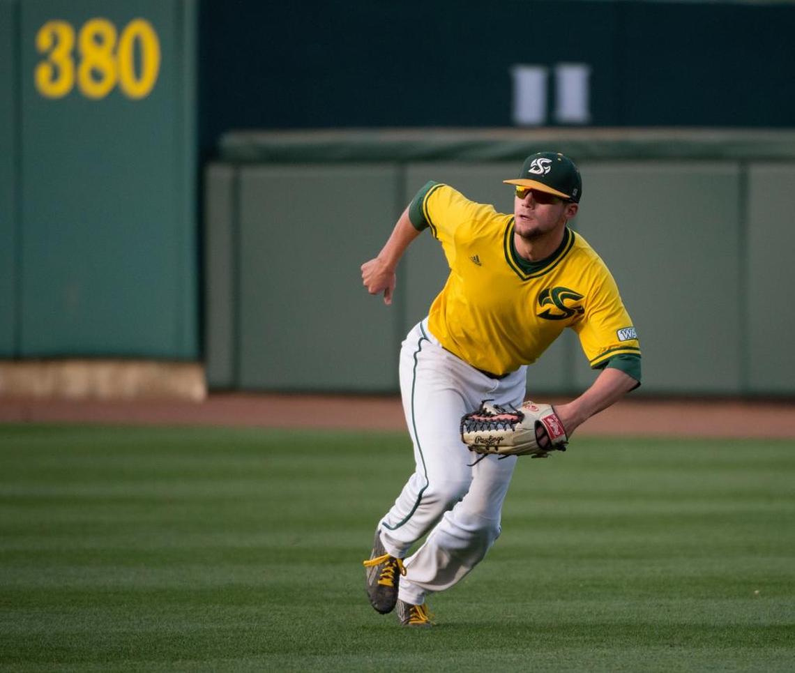Former Sacramento State outfielder Nathan Lukes breaks on the crack of the bat in the first inning of a game against the Fresno Bulldogs, April 22, 2015 at Raley Field in West Sacramento. Lukes, now with the Toronto Blue Jays, will face the Los Angeles Dodgers starting Friday in the 2025 World Series.